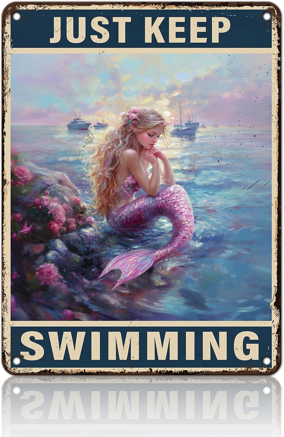 Mermaid Metal Sign Just Keep Swimming Mermaid Decor Vintage Sign Wall Decor for Home Gate Garden Bars Restaurants Office Sign 12x16inch