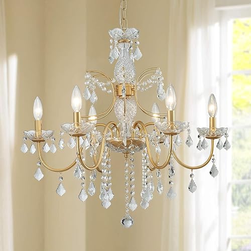 Miniatura 4 de Bestier Candelabro de cristal elegante con acabado dorado, 6 luces, lámpara de techo colgante LED, diámetro de 26 pulgadas x 26 pulgadas de alto