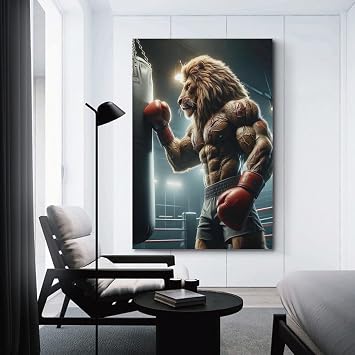 CWBUFD Animal Artwork Poster Boxing Lions Decorative Canvas Family Bedroom Artwork Picture Painting 24x36inch(60x90cm)
