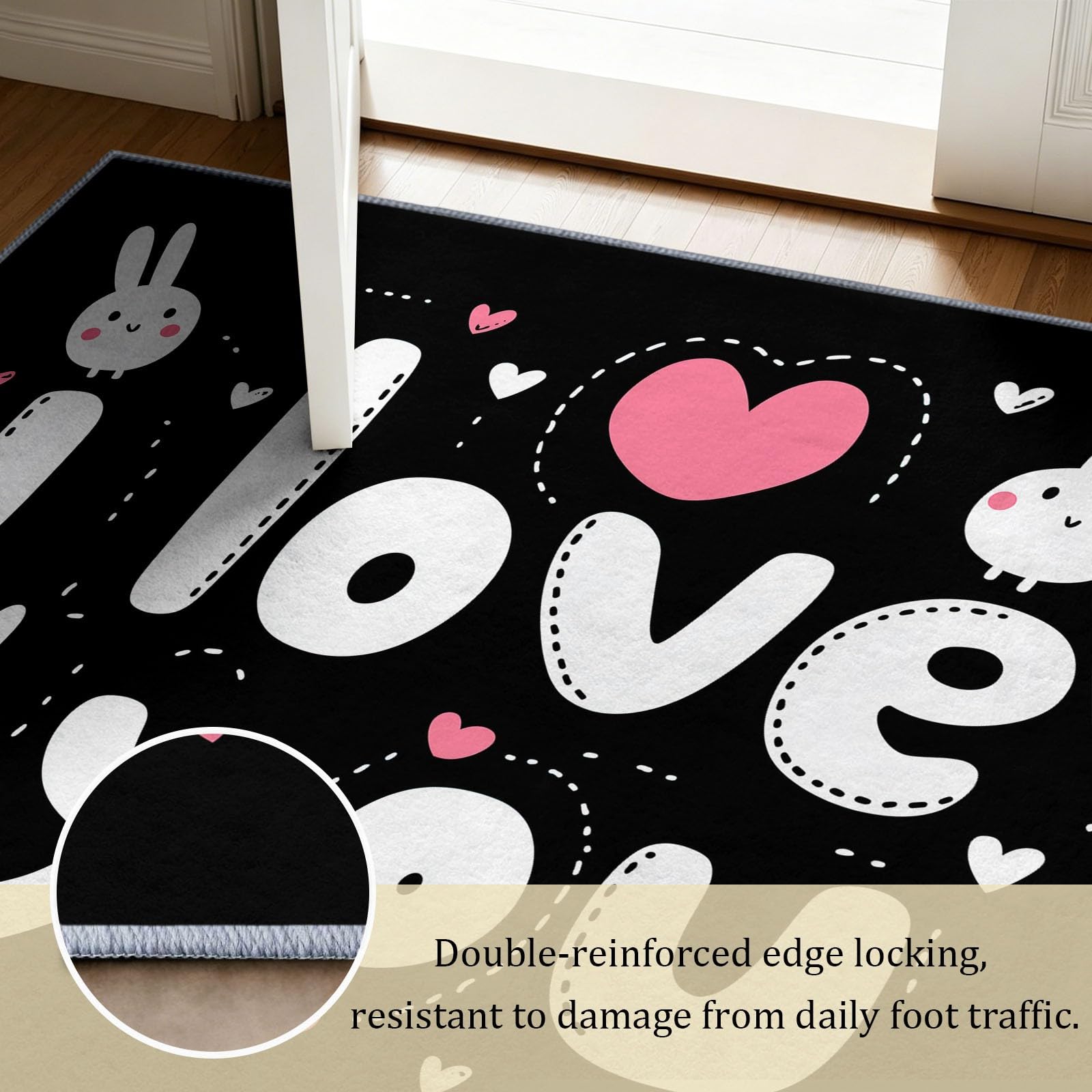 Tappeto lavabile, 80 x 150 cm, con coniglietto bianco, cuore, amore, per cameretta dei bambini, antiscivolo, a pelo corto, facile da pulire, per soggiorno, camera da letto, corridoio, cucina