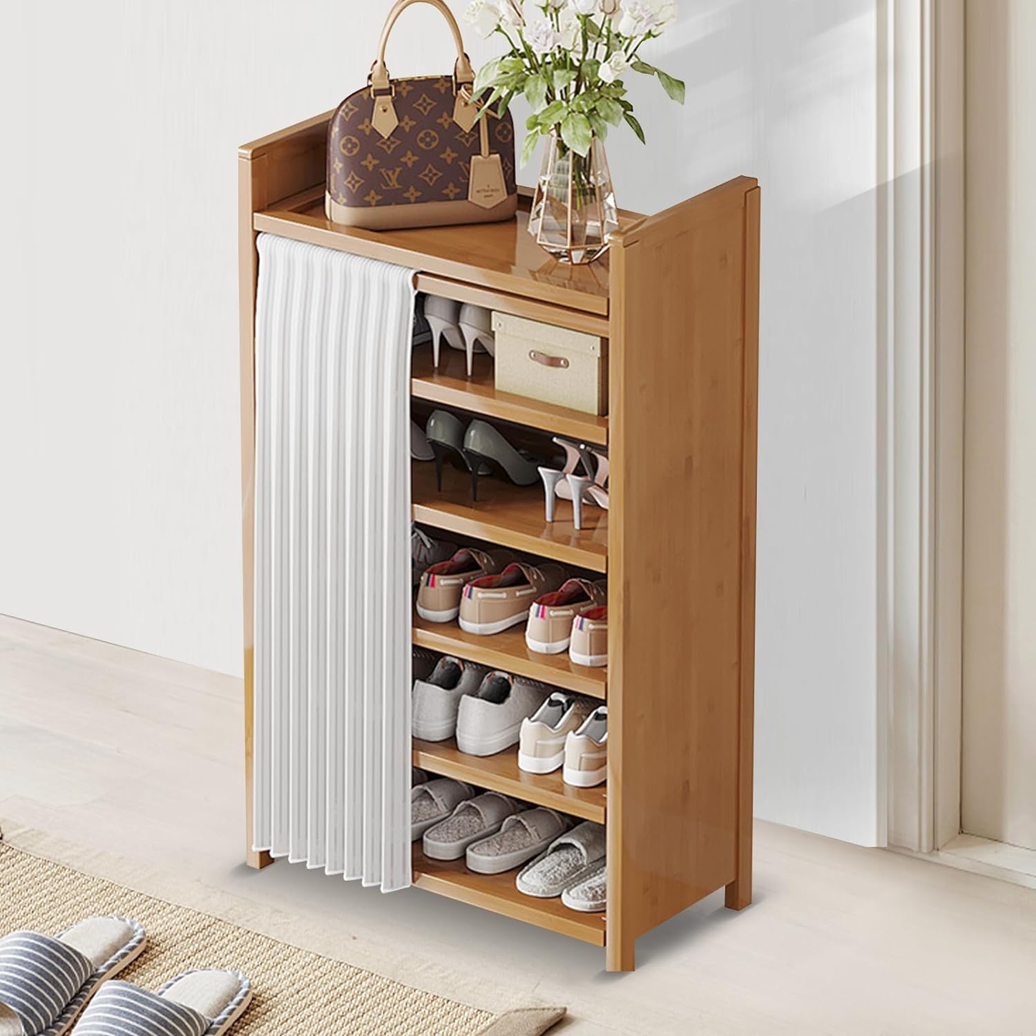 Meuble à chaussures pliable bambou 6 niveaux étagère autoportante entrée
