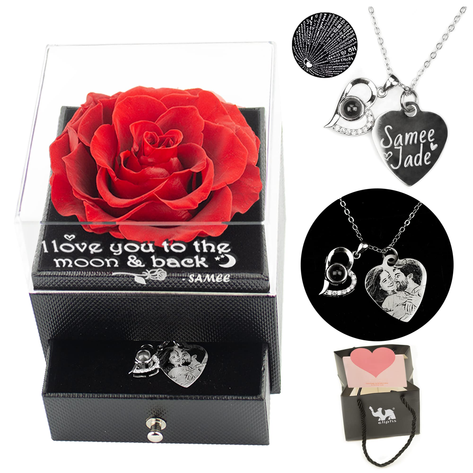Eliphs Personalised Preserved Real Rose Eternal Photo engraved Pendent, Gift Box Forever Rose Gifts for Her Girlfriend Mother Valentine's Day, Mother's Day (Box Engraved Only)