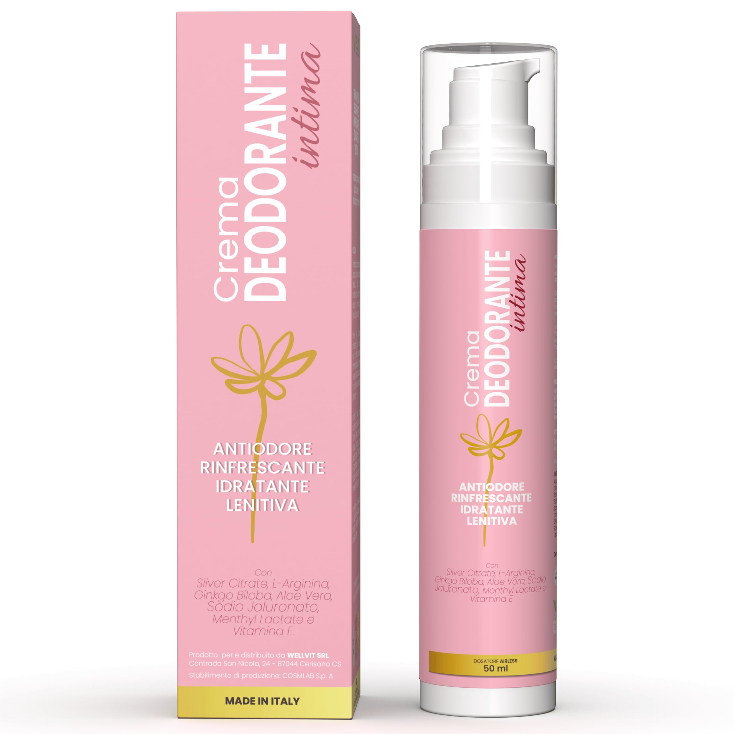 Deodorante Intimo Donna – Delicata Crema Intima Profumata Donna Anti-Odore per l’ Igiene Intima Quotidiana, Azione Fresca e Lenitiva con Aloe Vera, Menta, Arginina e Argento Citrato – 50 ml WELLVIT