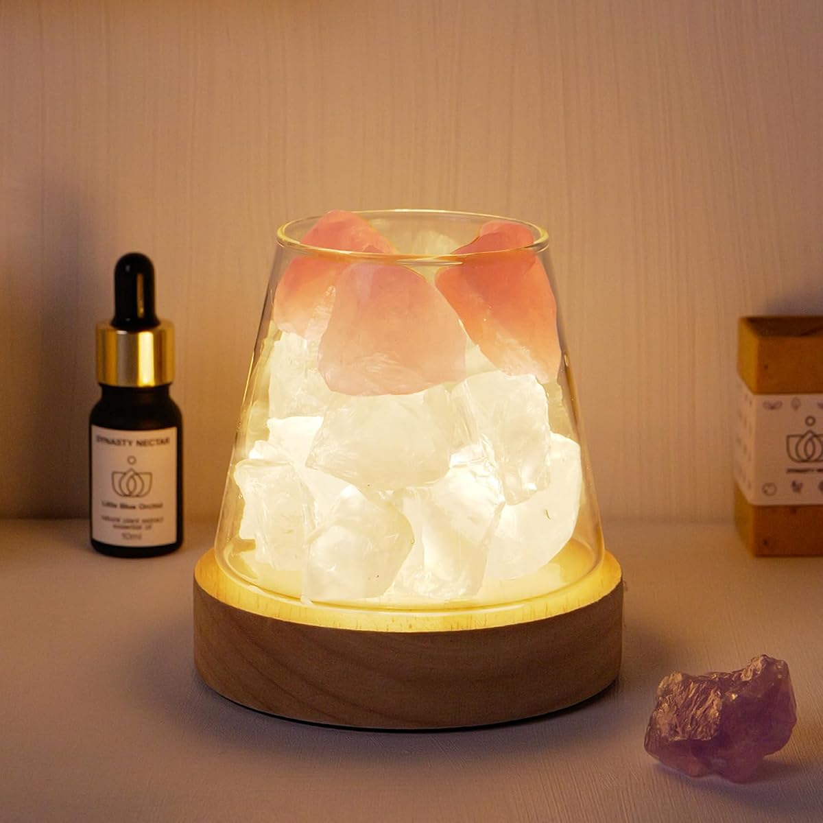 Runyangshi Rose Quartz & Clear Quartz Night Lamp with Remote Control, USB Port,