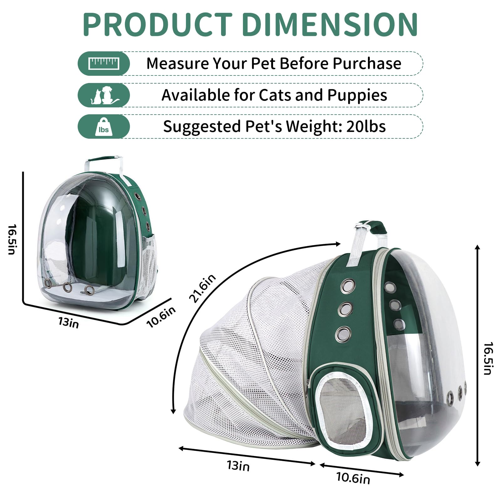 PETSWEET Cat Backpack Carrier, Back Expandable Pet Backpack with Bubble Window, Airline Approved Pet Travel Bag for Small/Medium Cats & Puppies, Hiking, Camping, Outdoor Use (Green) - image 2