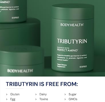 BodyHealth Tributyrin 200mg - Tri-Butyrin Supplement for Gut Health Support, Digestive Comfort, Microbiome Balance & Immune Support* - 60 Capsules