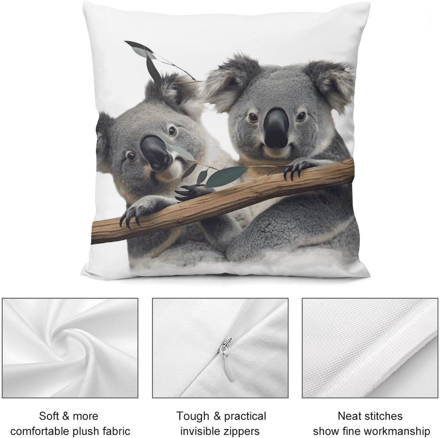 Zippered Pillow Cover, Pillow Protector, Funny Koalas Printed Pillow Cover of 4, Pillow Not Included