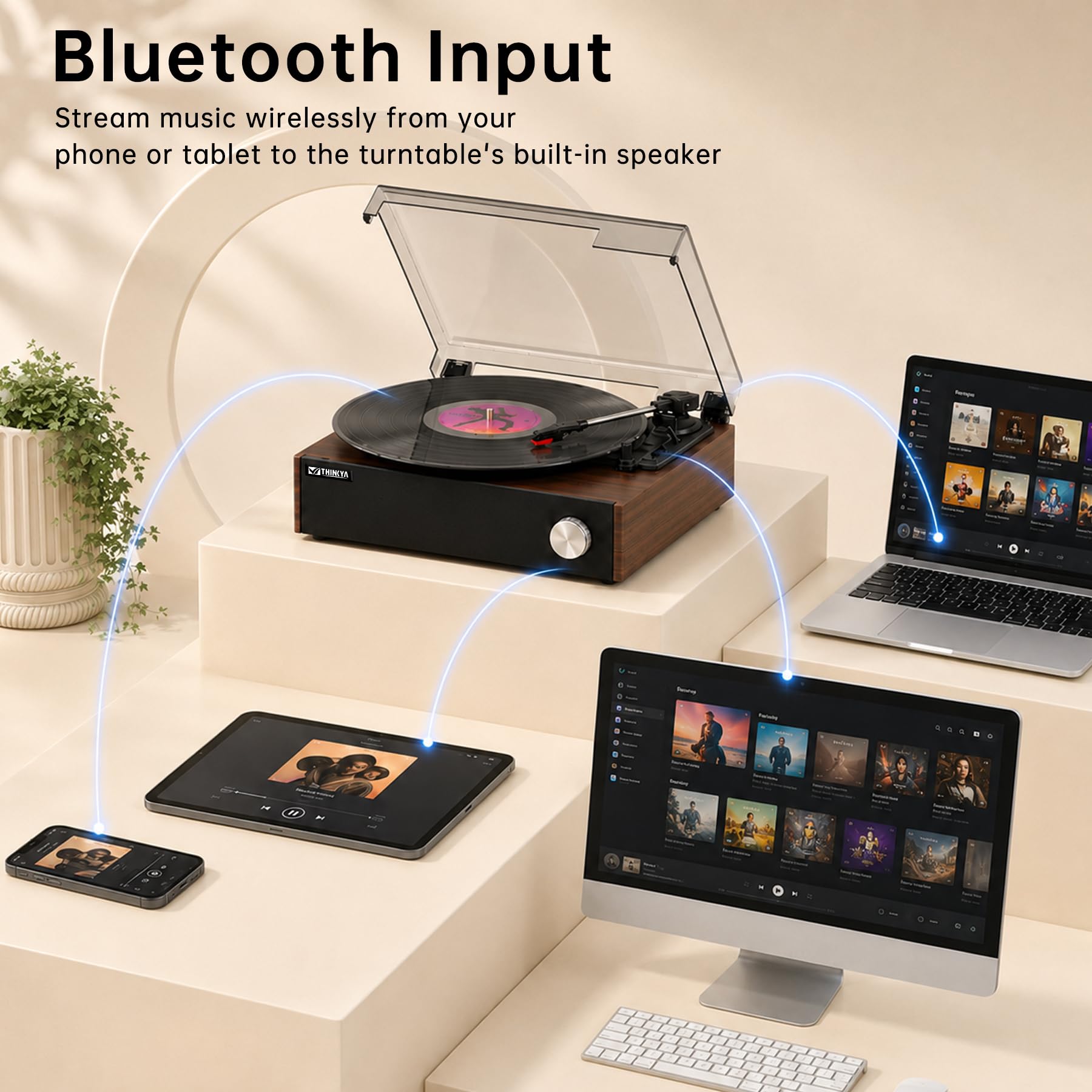 Odtwarzacz płyt winylowych z wbudowanymi głośnikami, gramofon Bluetooth z napędem pasowym Hi-Fi, do płyt winylowych, 3-biegowy odtwarzacz retro vintage z automatycznym zatrzymaniem, stabilne ramię