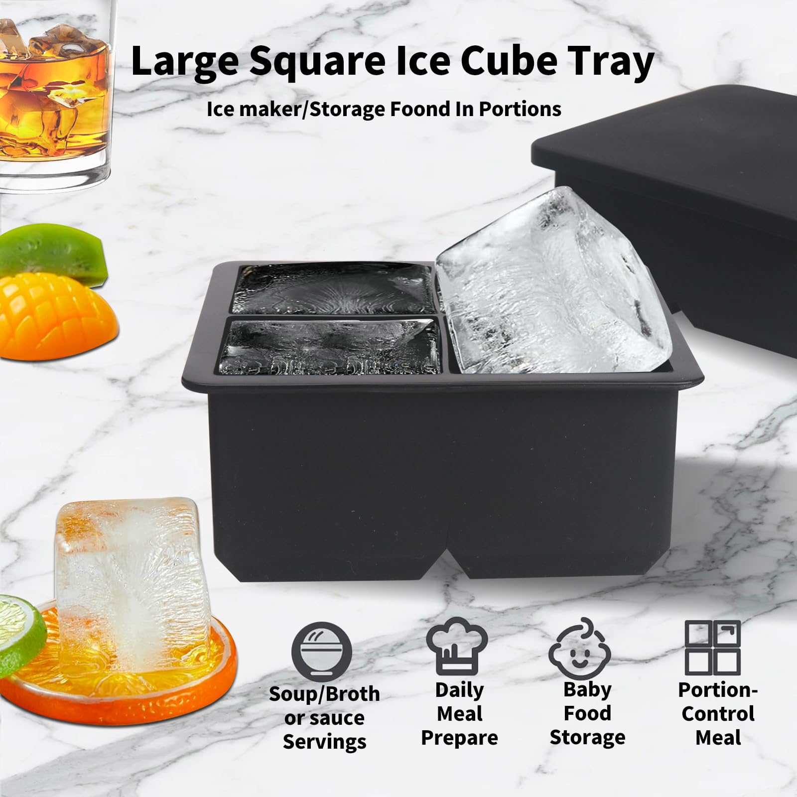 Große Eiswürfelformen für Whiskey: BECOKIT große Silikon-Eiswürfelformen – 6,3 cm quadratische Eiswürfelform für Bourbon-Whisky und Cocktail, 4 Stück, riesige Silikon-Eiswürfelform (schwarz, 4