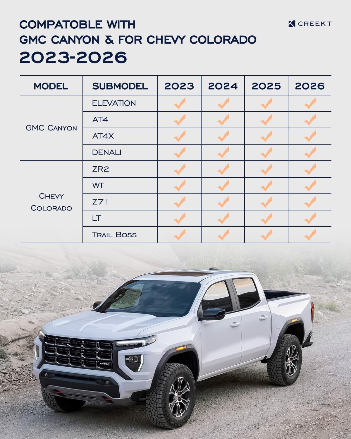 CreekT® for Chevy Colorado & for GMC Canyon Floor Mats 2023-2025 2026, for Chevy Colorado ZR2 Z71 & for GMC Canyon AT4 All Weather Trunk Mats Waterproof Rubber Carpet Accessories 2026 2025 2024 2023
