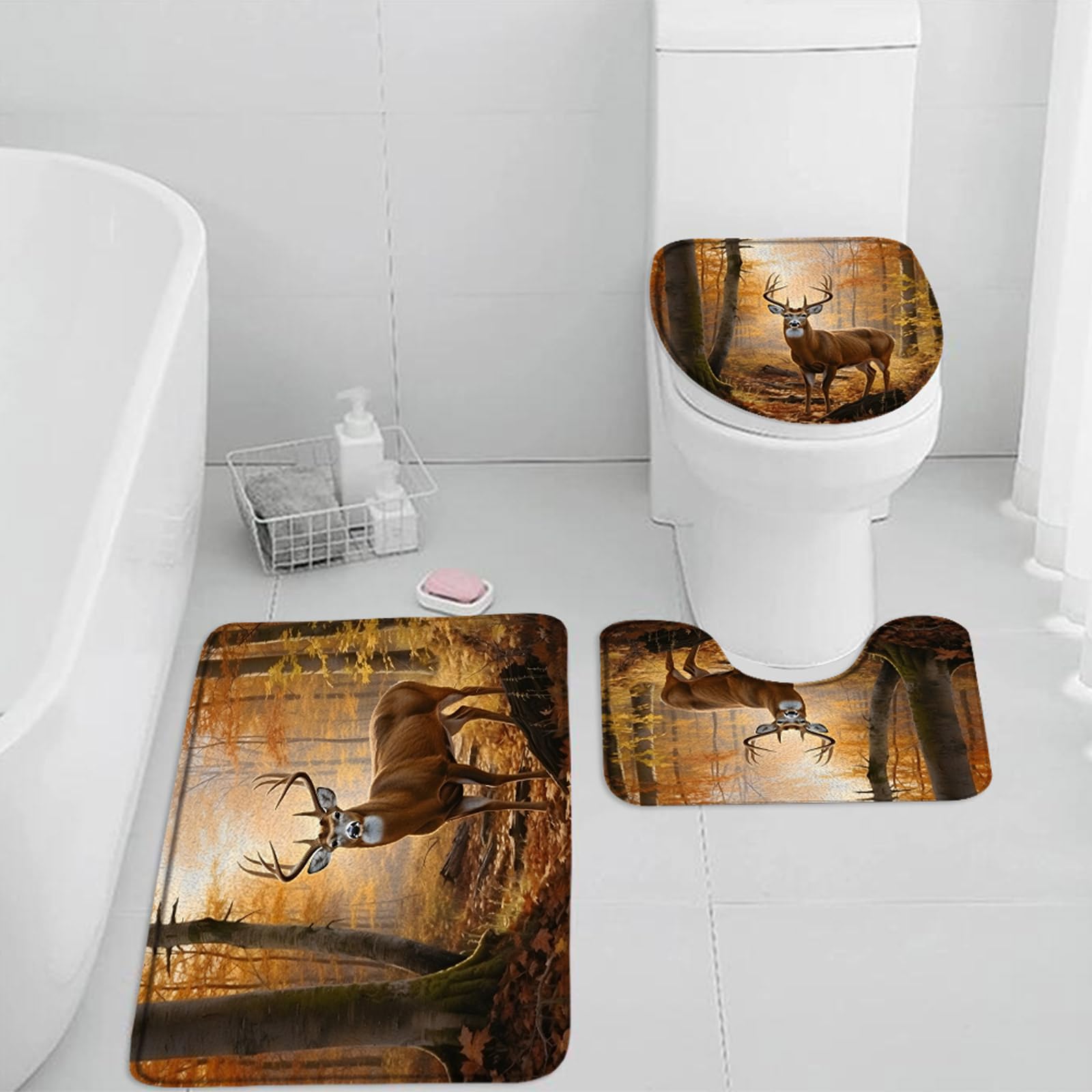 QWRSMYX 3 Pieces Set Deer Bath Mat Fall Forest Elk Wildlife Rustic Animal Country Farmhouse Autumn Hunting Nature Bathroom Rugs Toilet Lid Cover Pedestal Rug U-Shaped