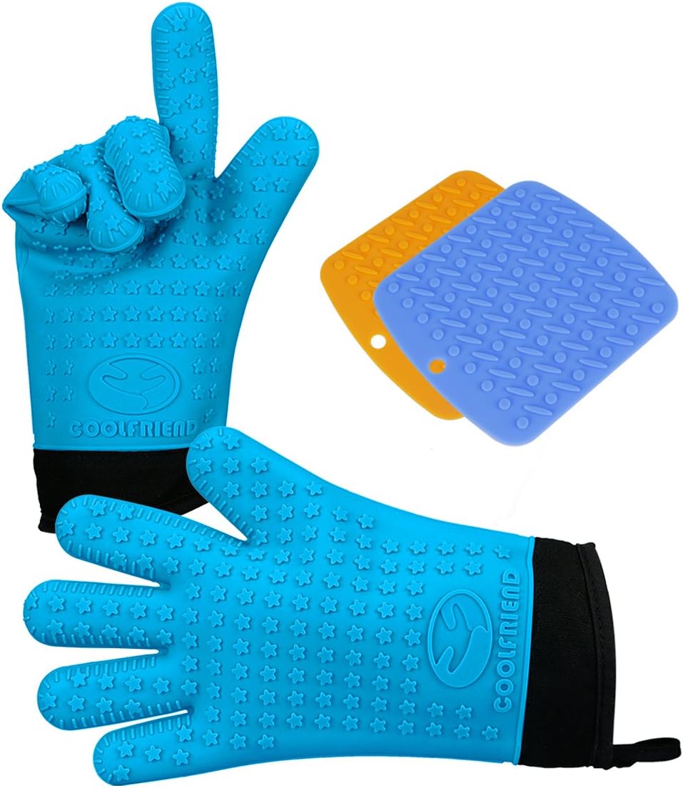 CoolFriend Silicone Cooking Gloves (Blue) – Heat Resistant Kitchen Oven Mitts – Insulated Pot Holders with Non-Slip Grip – Stove, BBQ Grill, Oven Safe