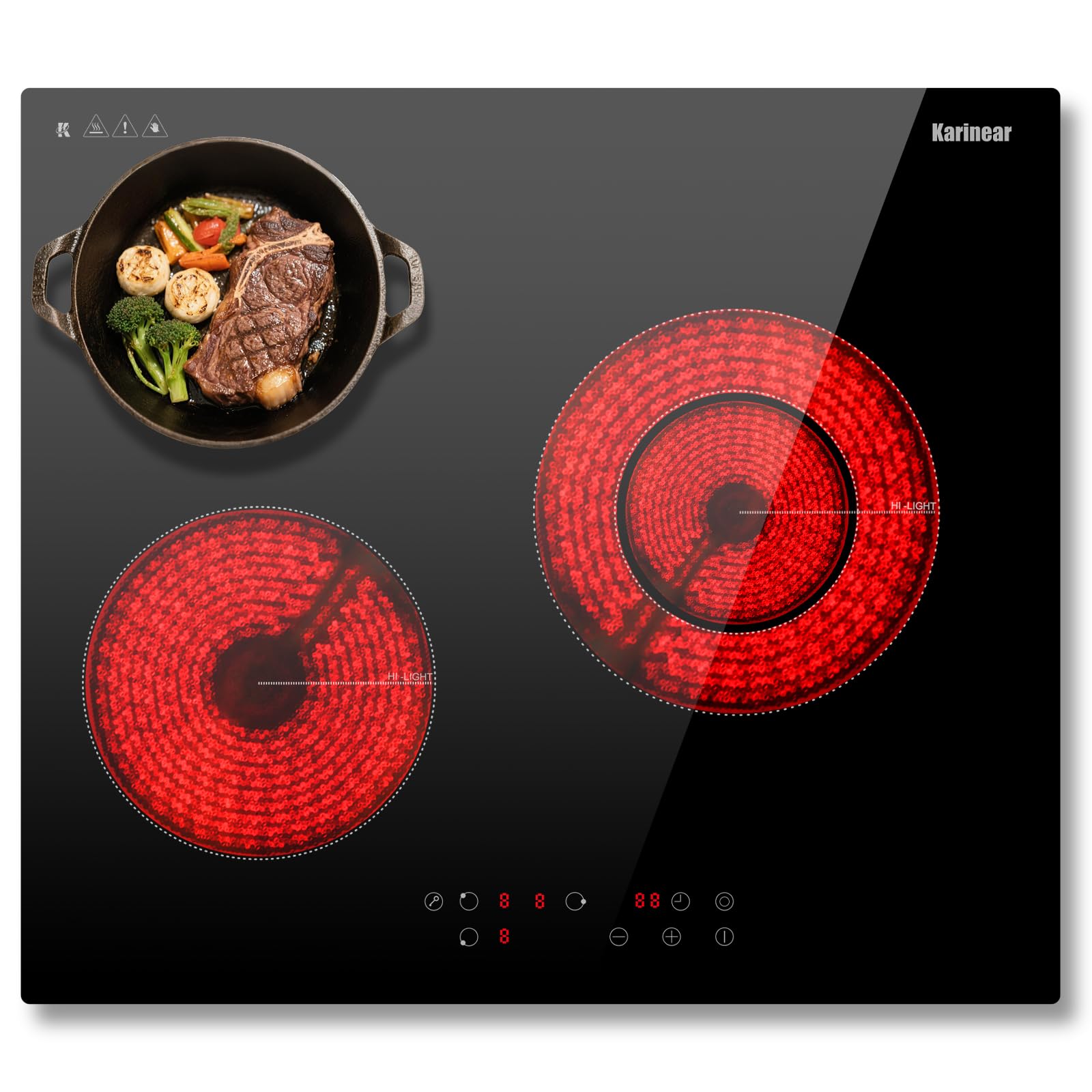 Karinear Placa vitroceramica tres fuegos de 60 cm, Integrada, Zona de extensión, 9 Ajustes de potencia, Temporizador, Bloqueo de seguridad, 220 V ~ 240 V, 5200 W, Sin enchufe.