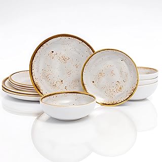 TP 12-Piece Dinnerware Set, Melamine Dishes Set with Bowls and Plates, Non-breakable and Lightweight Dinner Service for 4, Grey Swirl
