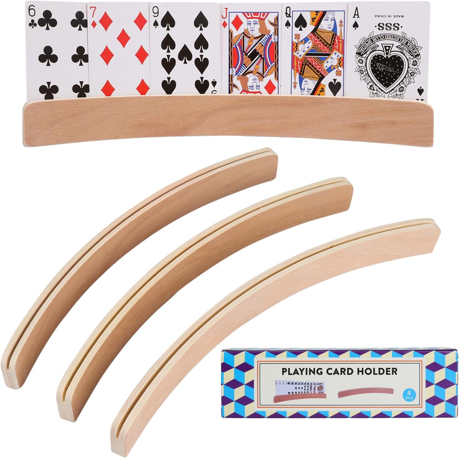 Offelec Set of 4 Playing Card Holders - Holds Standard Size Cards - Wooden Curved Playing Card Holder Racks Tray Set for Kids Adults Seniors, Non Slip Wood Card Deck Holders for Strategy Card Games