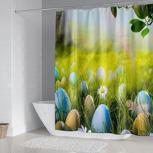 Miniatura 8 de DDS-DUDES Juego de cortinas de ducha de Pascua, divertidos huevos de Pascua y huevos azules para decoración de baño, cortinas de tela impermeable