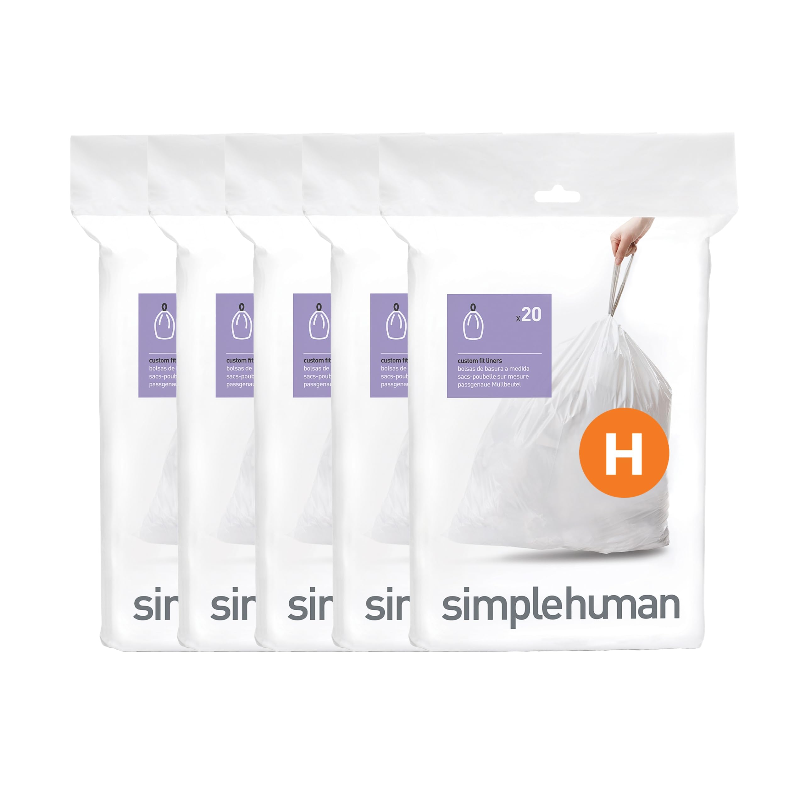simplehuman Code H 100 Liners, 50% Recycled Custom Fit Bin Bags in Dispenser Packs with Durable Drawstring Tie Handle, 30-35L, White