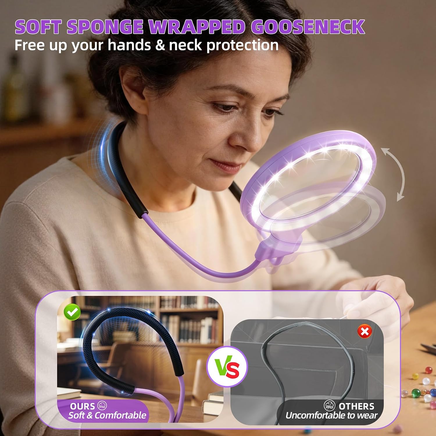 2-in-1 Hands Free Magnifying Glass with Light, Neck Wearable Magnifying Glasses with Adjustable Sponge Gooseneck, Rechargeable 5X&10X Handheld Magnifier for Close Work Reading Cross Stitch