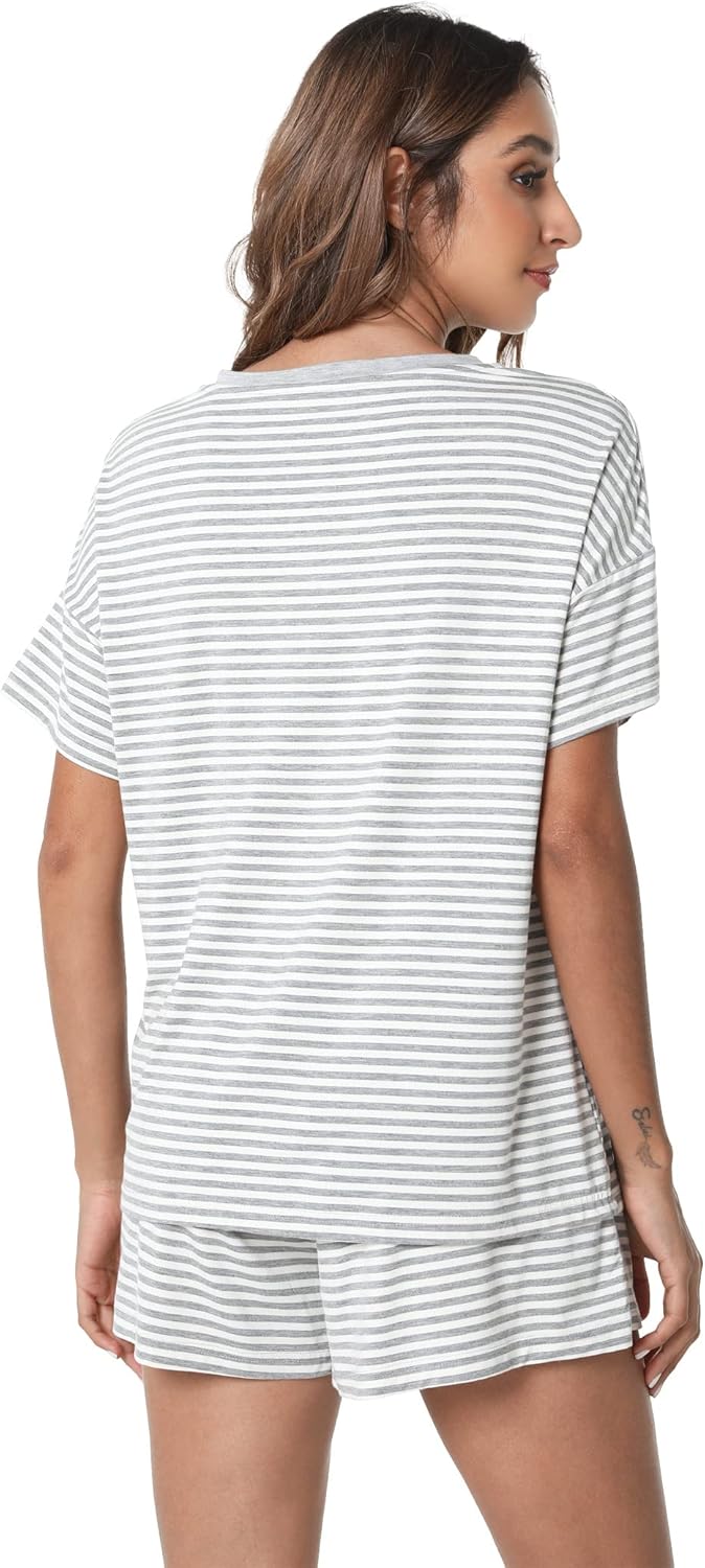 LazyCozy Striped Pajama Set for Women, Viscose Made from Bamboo, Short Sleeve Shirt with Sleep Shorts Soft PJ Set - Image 2