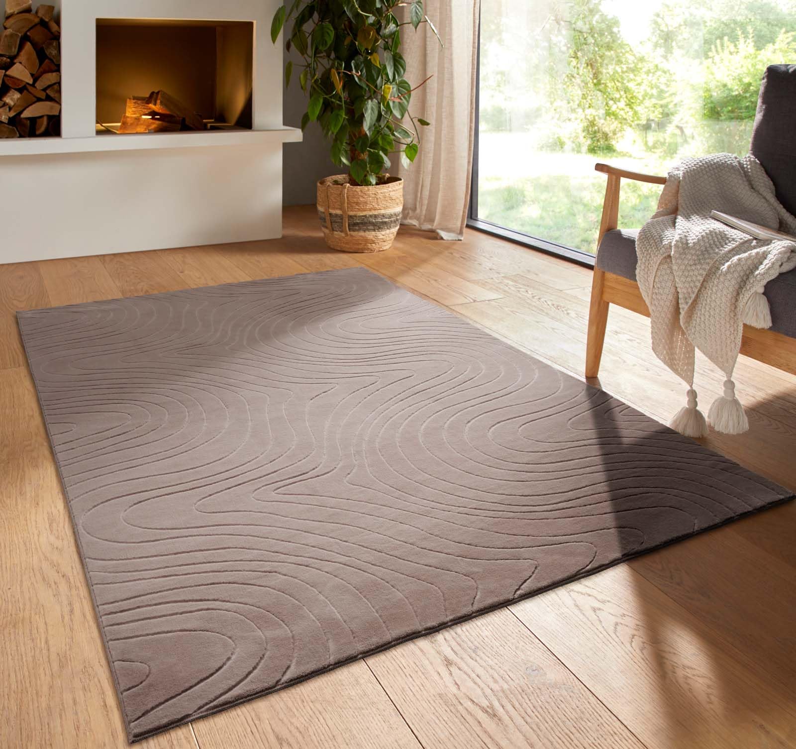 Kurzflor Boho Vintage Teppich waschbar, pflegeleicht geeignet für Wohnzimmer, Schlafzimmer und Kinderzimmer Kinderteppich auch als Badematte Badzimmerteppich Taupe abstrakte Wellen 240x340 cm