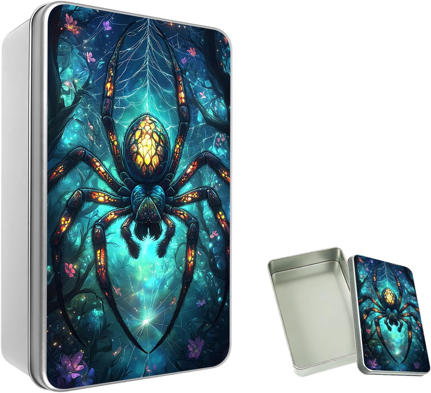 Deep Desktop Storage Tin Box, Glowing Spider In Enchanted Forest 4.9"x3.5"x1.6" Rectangular Metal Organizer for Tea Bags, Stationery & Crafts, Multi-Purpose Decorative Bin with Lid