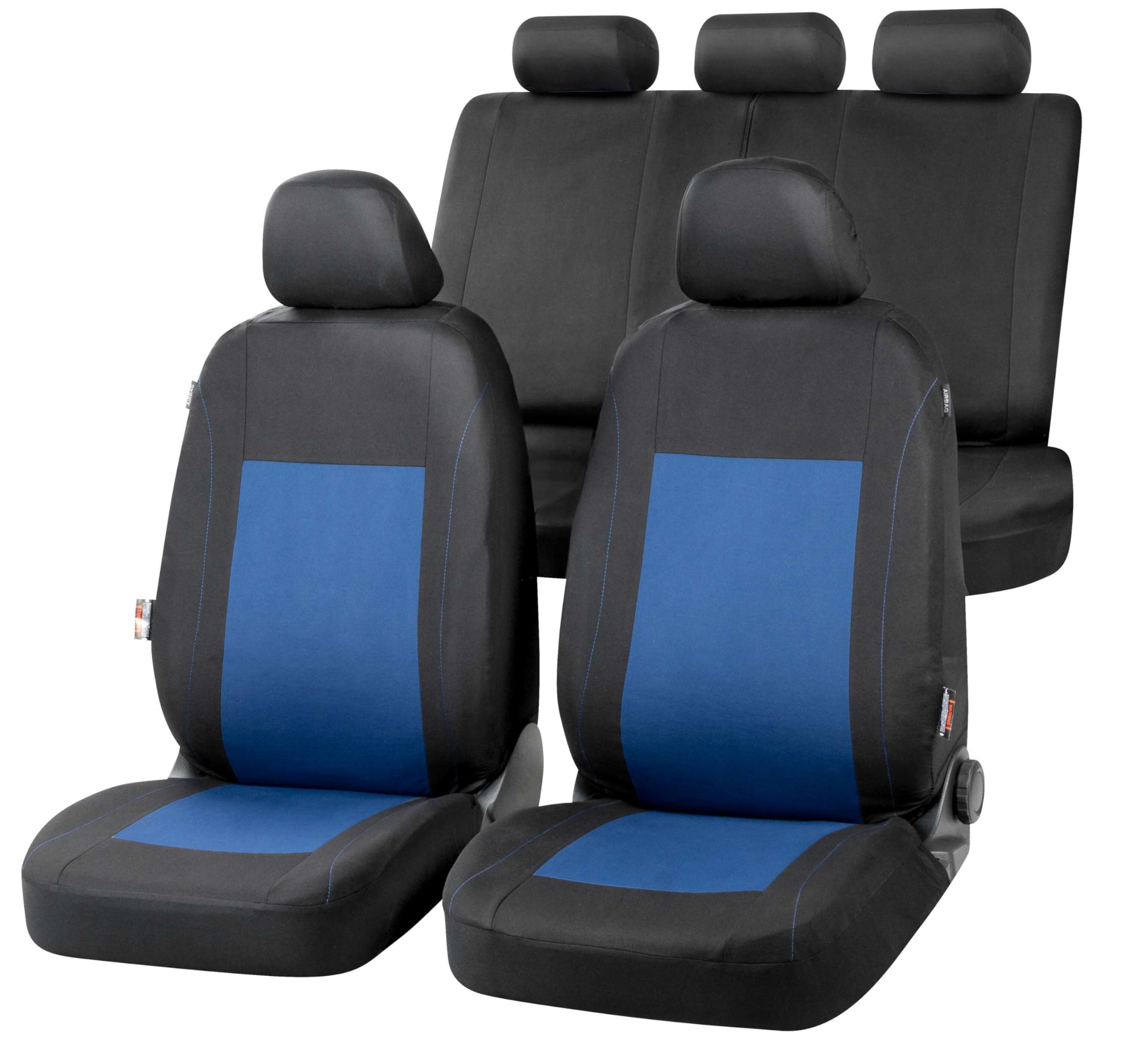 Walser Auto-Sitzbezug Sandray Komplettset, Universal PKW-Sitzbezüge 4-teilig, Auto-Schonbezüge, 2 Vordersitzbezüge, 1 Rücksitzbezug blau-schwarz