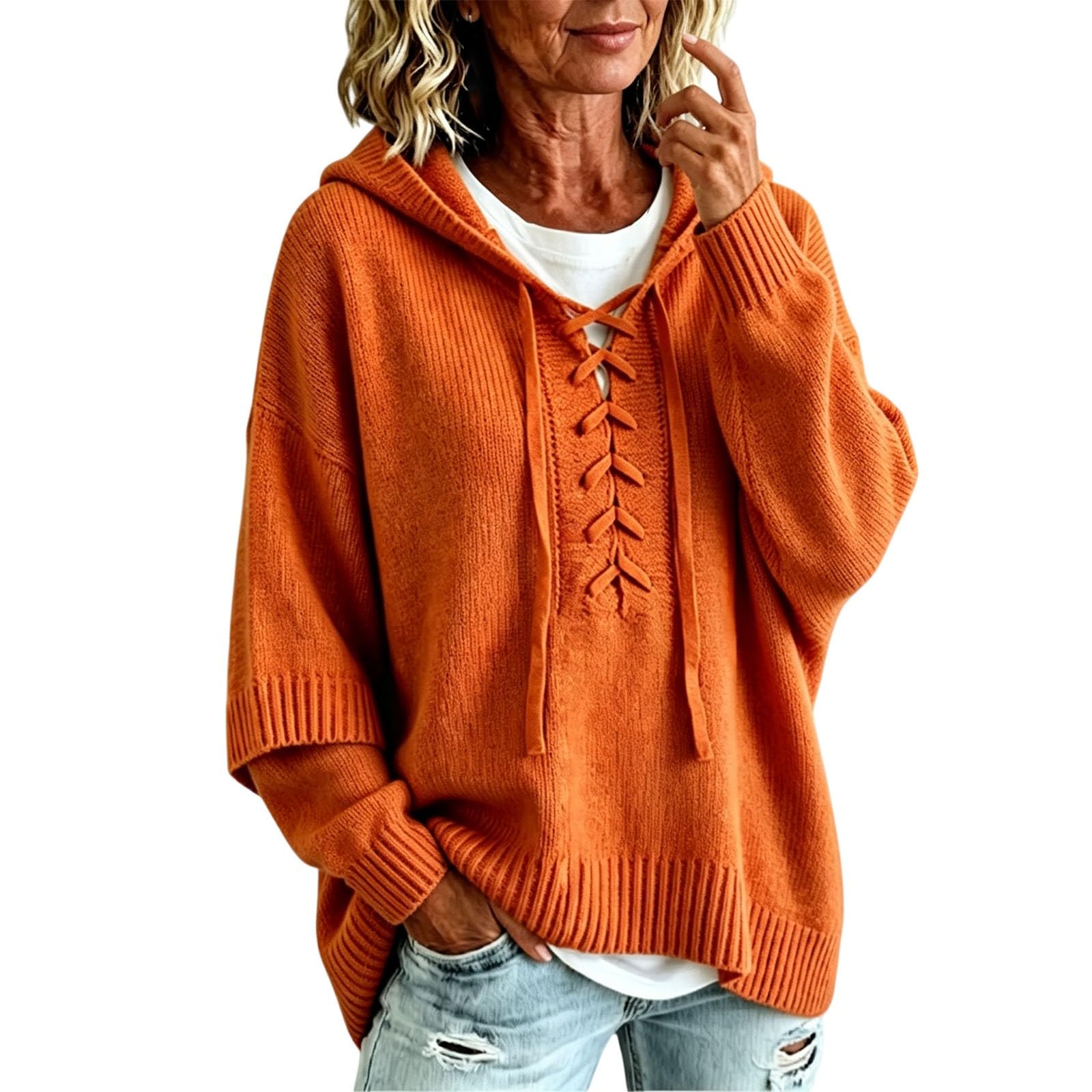Generisch Sudadera para mujer de algodón con capucha para mujer, talla grande, informal, sudadera con capucha monocolor, elegante, suéter de punto con capucha, cómodo jersey de manga 3/4, cálido