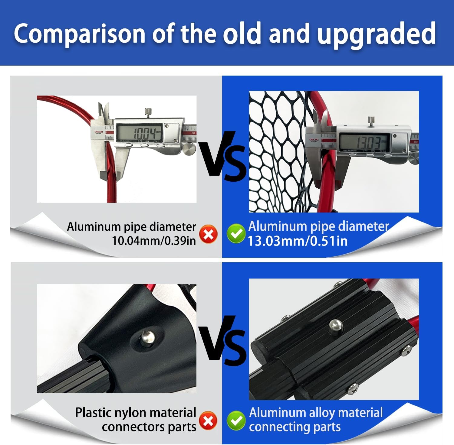 Telescoping Metal Lock Fishing Net with Handle Red Green 64" 52" Rubber Fish Net - Adjustable Length Lightweight Foldable Large Big Collapsible Extendable Fishing Net