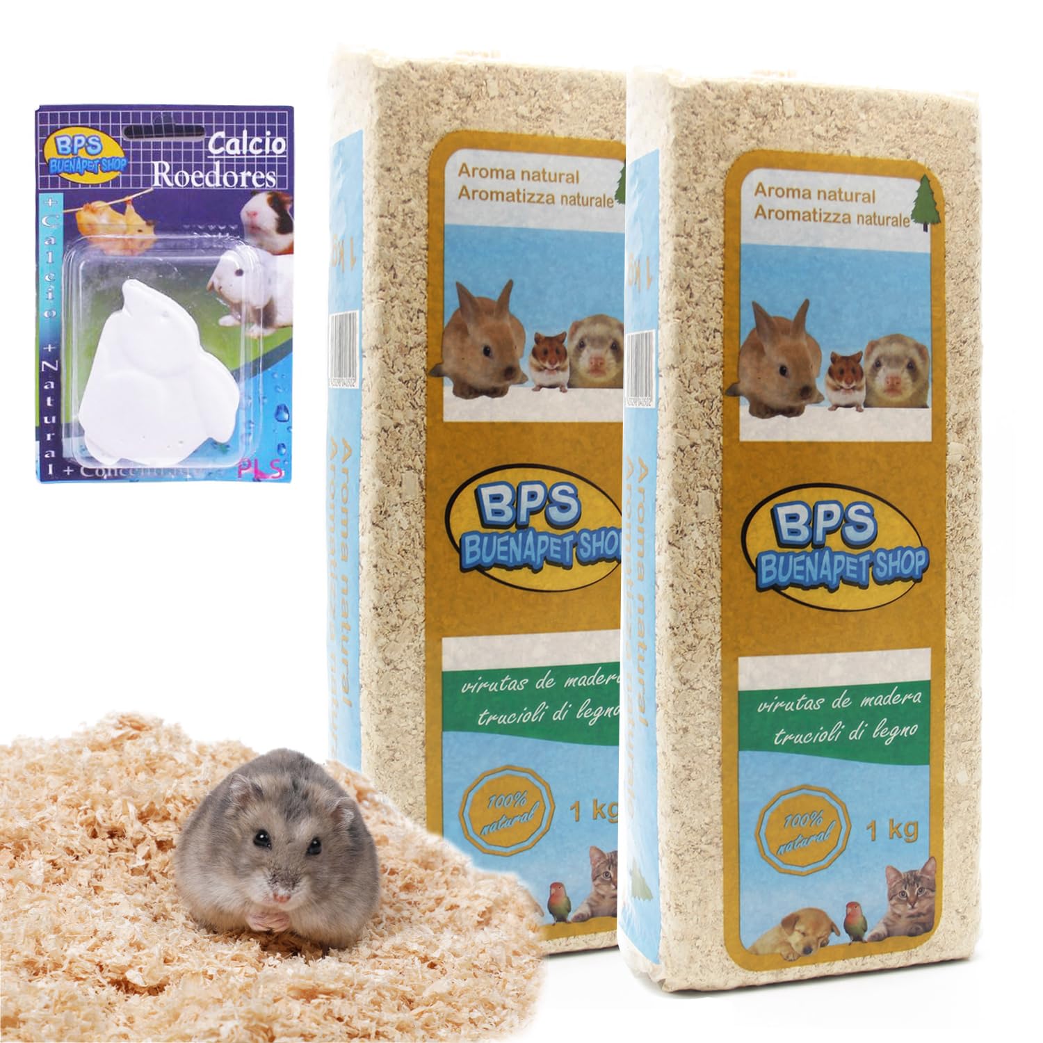 BPS Virutas de Madera Lecho Higienico para Mascotas (Regalo Calcio Roedores) Serrín para Gato Animales Pequeños Hámster Conejo Loro (2 Kg, Aroma Natural) BPS-4050 * 2