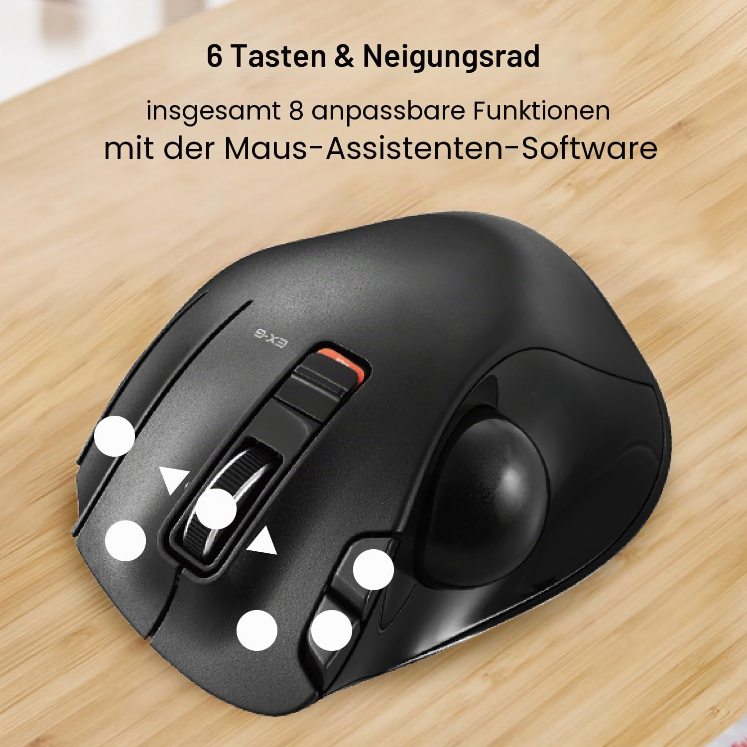 ELECOM EX-G Trackball-Maus, 2,4 GHz USB Wireless, Ergonomisches Design, Daumensteuerung, glatter Rollball, optische Verfolgung, 6 programmierbare Tasten, Neigungs-Scroll, Computermäuse für Laptop, PC,