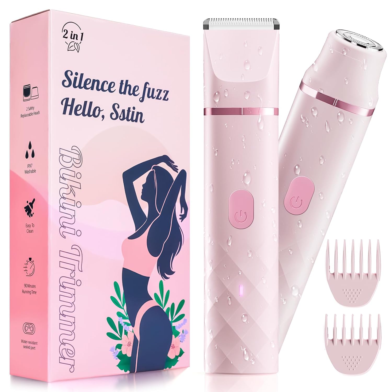 AIDIAM Bikini Trimmer for Women, IPX7 Waterproof, Painless Rechargeable Electric Razor Remover, 2-in-1 Facial & Pubic Hair Removal for Sensitive Skin, Portable Travel Size, Women’s Gift, Pink