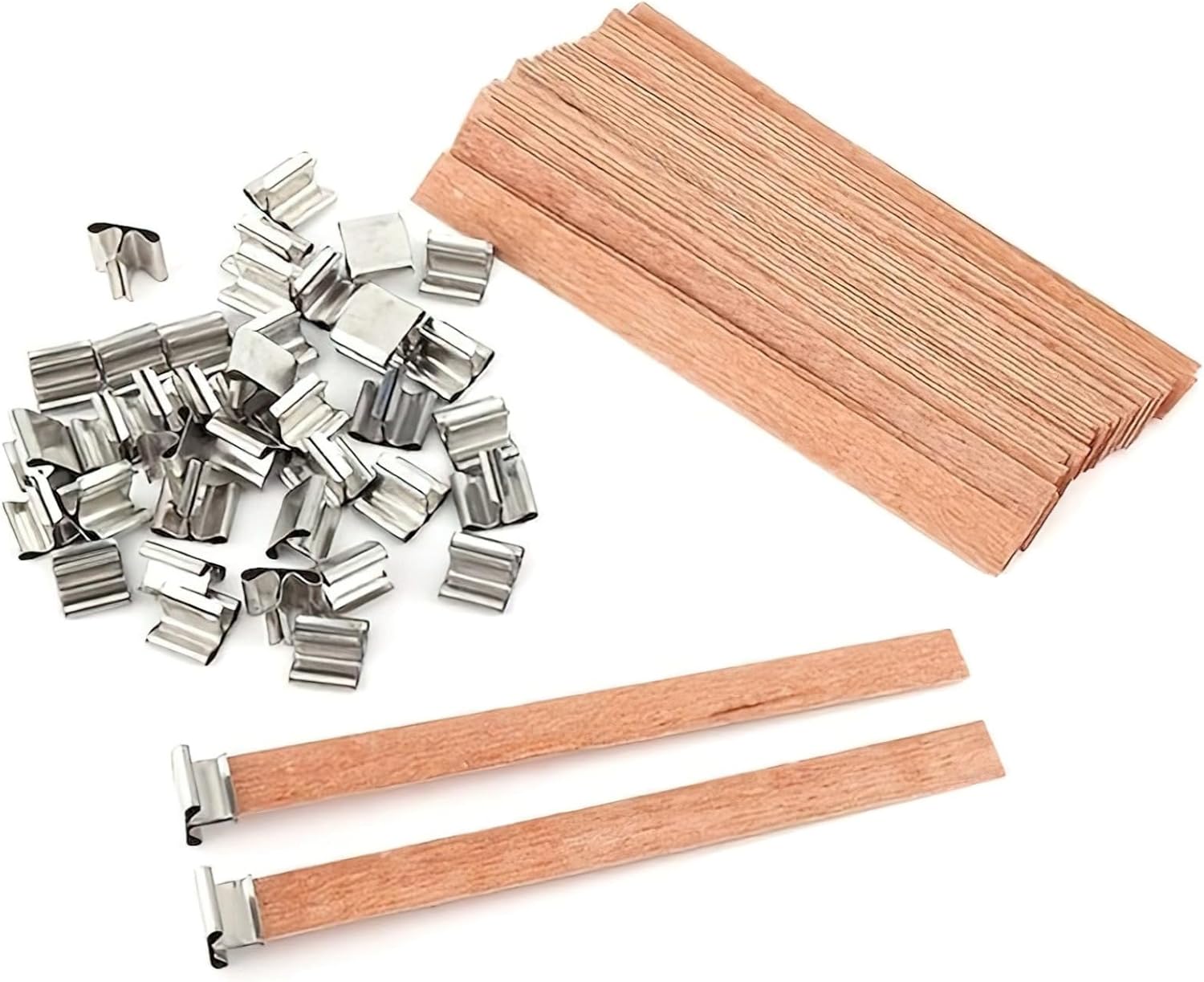 PONDON Wooden Wicks for Candle Making, 50 Pcs Cross Candle Wicks with Square Metal Clips, DIY Soy Candle Making Supplies with Sustainer Tabs for Container Candles, Natural Wood Wicks