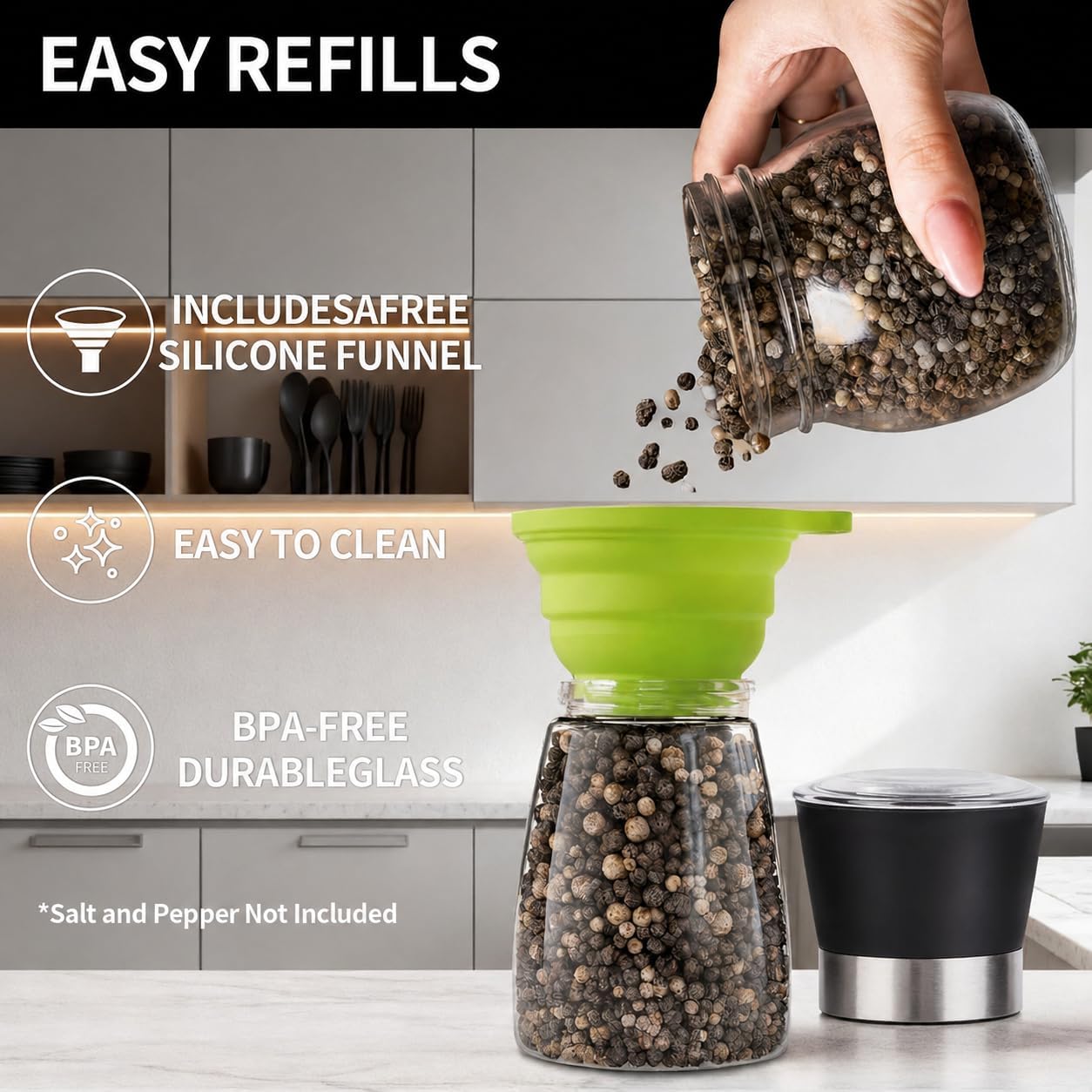 Premium Salt and Pepper Grinder Set of 2, 6 oz Refillable Glass Salt and Pepper Shakers with Adjustable Ceramic Grinder, Manual Pepper Mill Set Includes Funnel & Cleaning Brush, Transparent Lid image 5