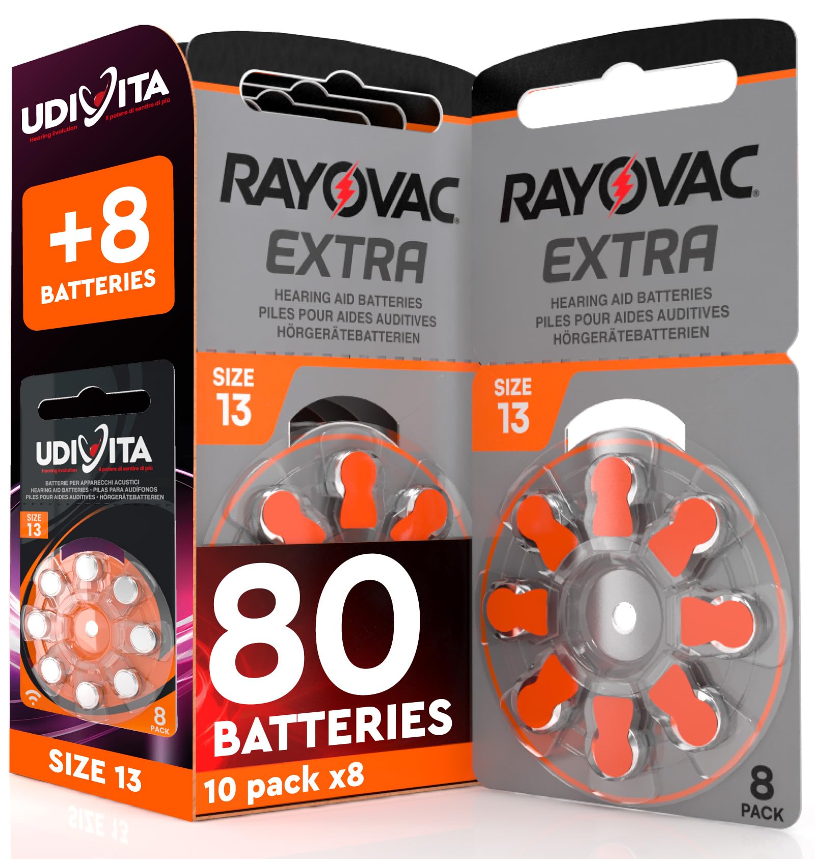 80 Piles pour Appareils Auditifs Taille 13 Rayovac Extra + 8 Piles Udivita