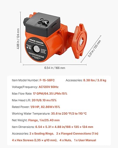 Miniatura 7 de VEVOR F-15-58FC Bomba de circulación de hierro fundido, 17 GPM, CA 120 V Bomba de circulación de recirculación de agua caliente de 20 pies, conexión