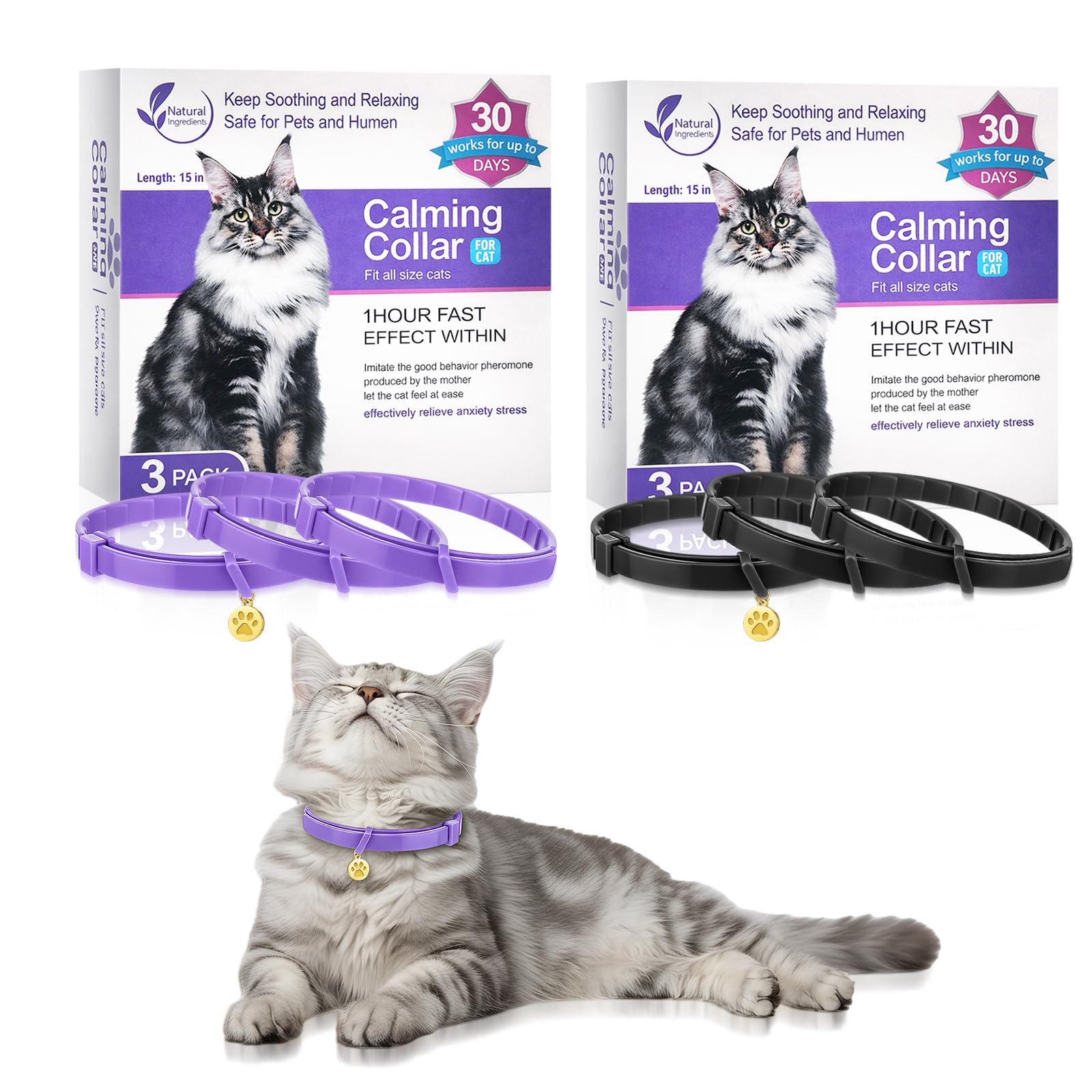 6 Pcs Calming Collar for Cats Adjustable Pheromones Relaxing 180-day Lasting Effect Cat Calming Collar with 2 Gold Pendant for Reduces Stress Anxiety, up to 15 Inches(Purple, Black)