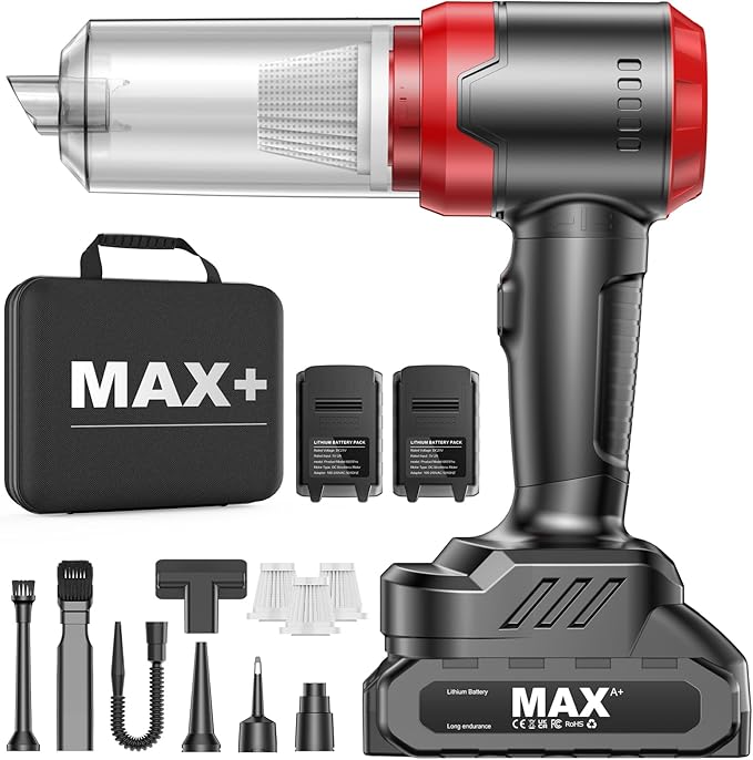 Aspirateur à Main, 28000PA Aspirateur de Voiture Puissant Portable, 2er 7500mAh Batteries Rechargeables, 3 en 1 Aspirateur sans Fil pour Poils d'Animaux, Voiture, Maison, Bureau, Cuisine(Noir)