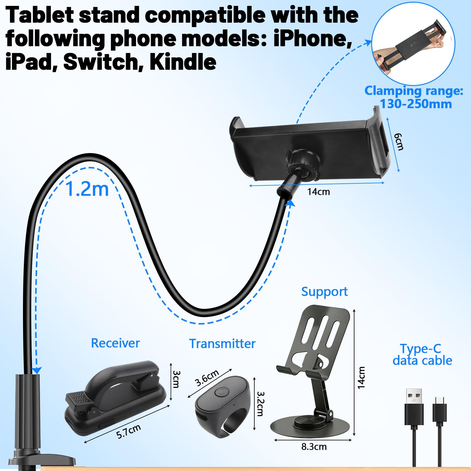 Supporto Tablet con Telecomando Kindle per girare pagina, Collo Oca Supporto Regolabile per leggere a letto, Supporto con girapagina per Kindle accessori/Ipad/telefono 5''-12.9''