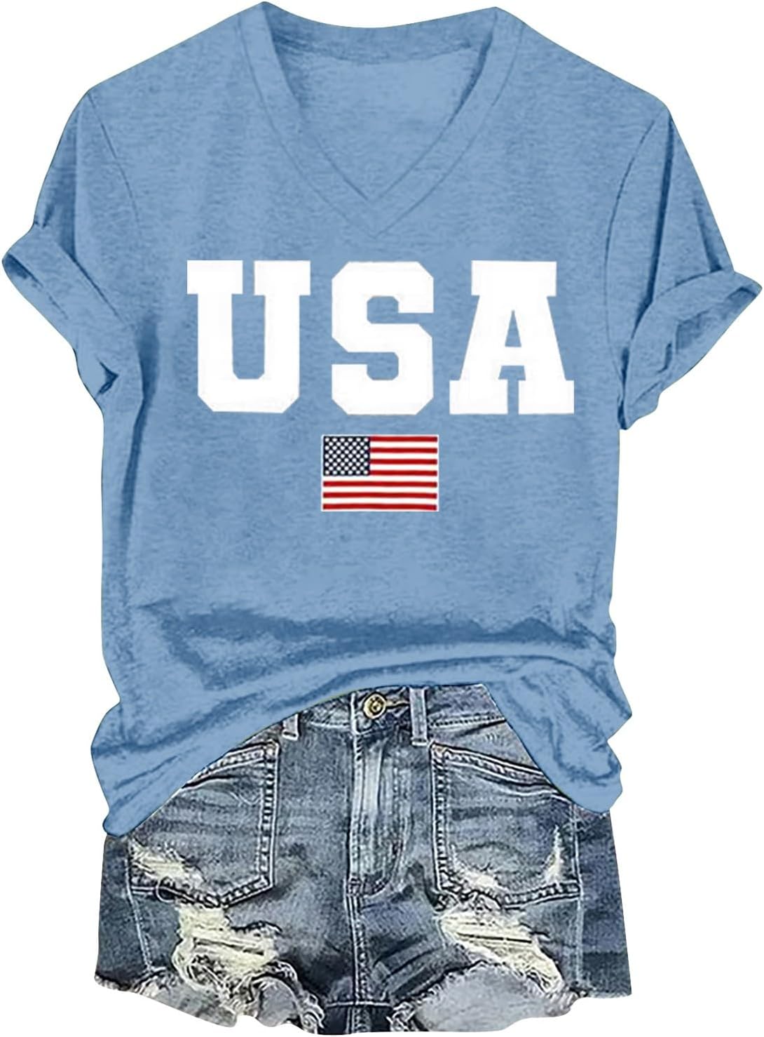 T-shirt Manches Courtes Femme Drapeau Américain - Lin Léger été - Rouge Blanc Bleu - Tunique Patriotique - 2