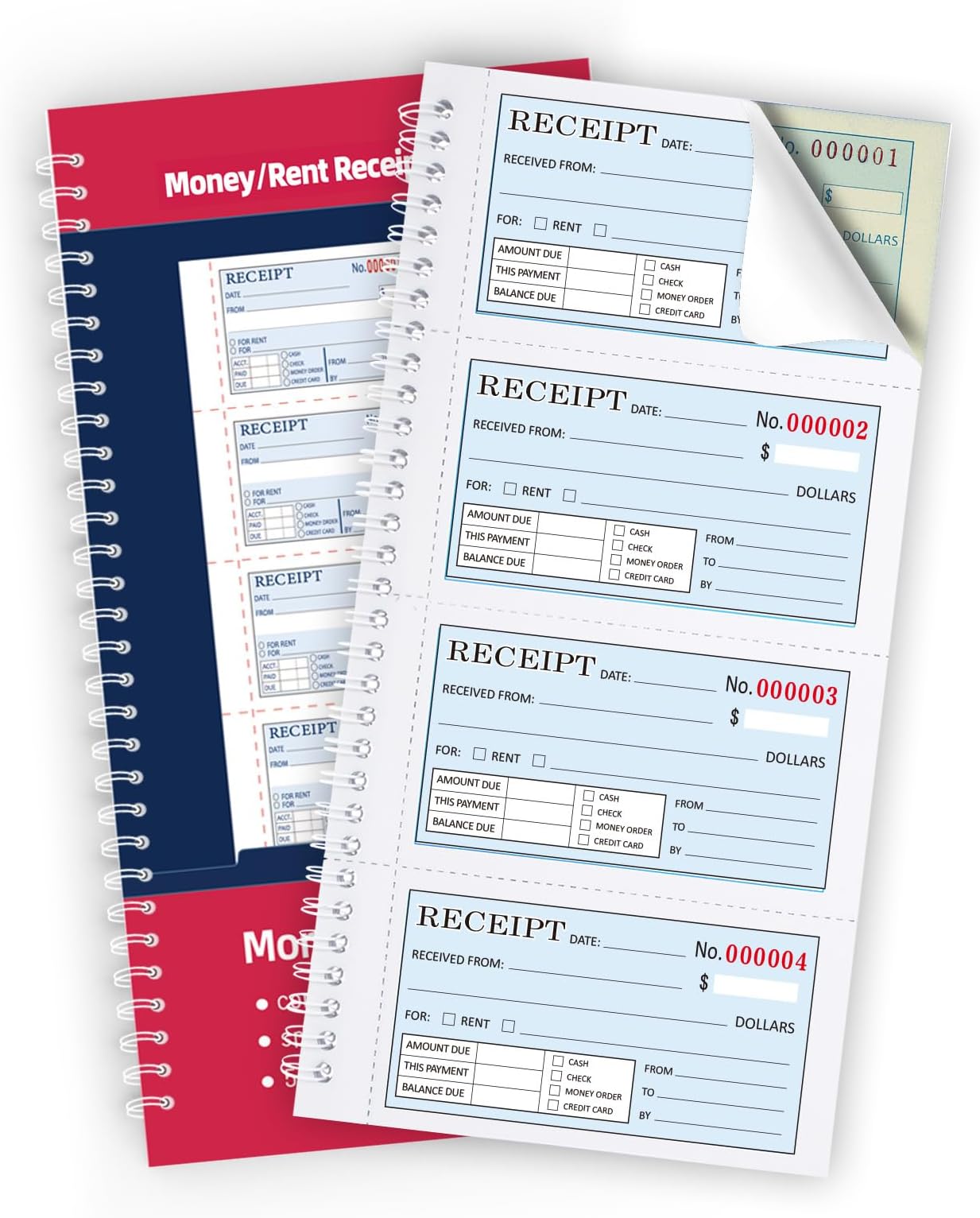 Zzrywuty Money and Rent Receipt Book with Cardboard Insert,2-Part Carbonless,5.3”x11.2” Spiral Bound,200 Sets per Book,4 Receipts per Page for Office Supplier,Rent and Cash Transaction