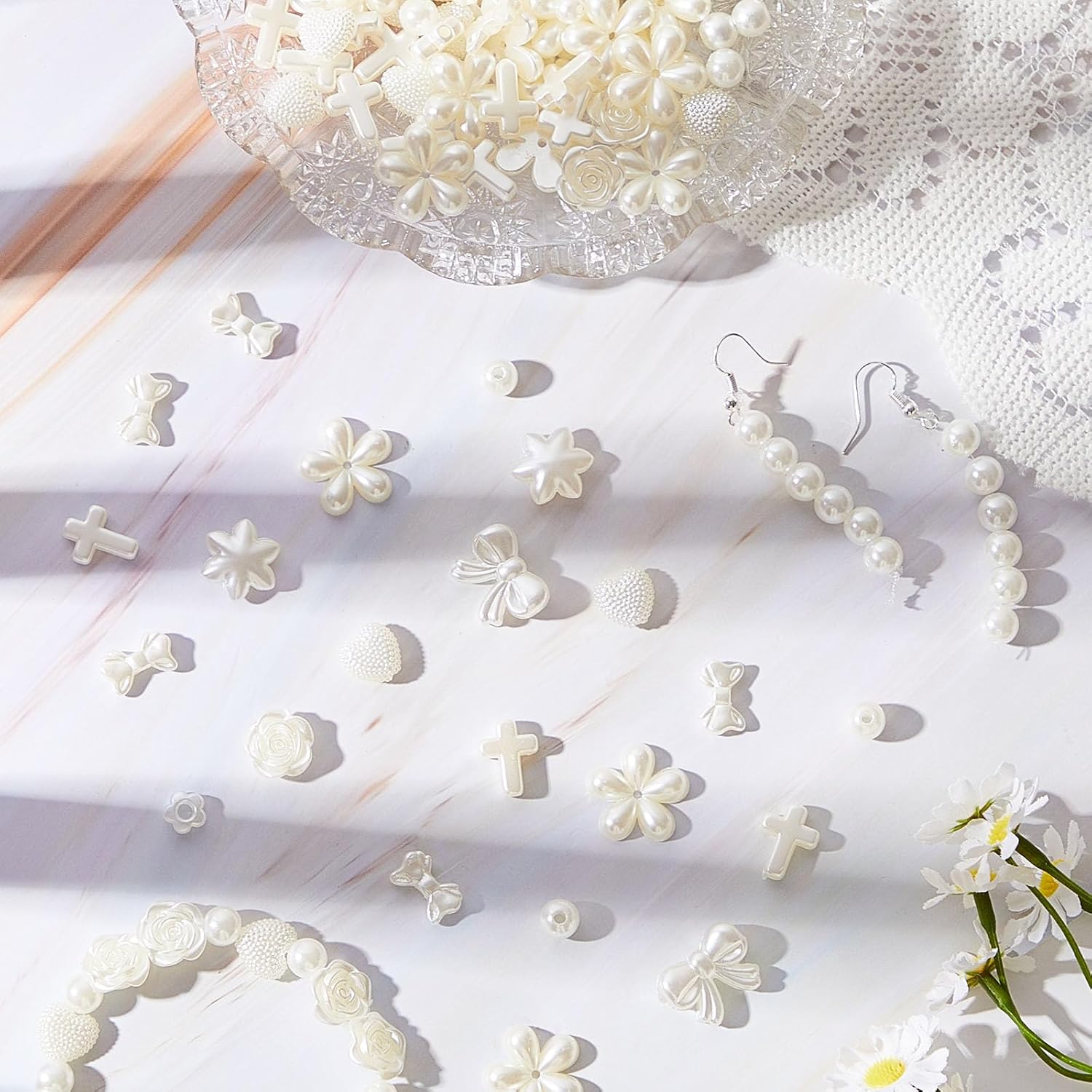 Juexica 500 Pcs ABS Imitation Pearl Beads Star Heart Bowknot Circle Flower White Aesthetic Beads for Jewelry Making Bracelets Necklaces Earrings Key Chains Accessories DIY Crafts(Elegant Style)