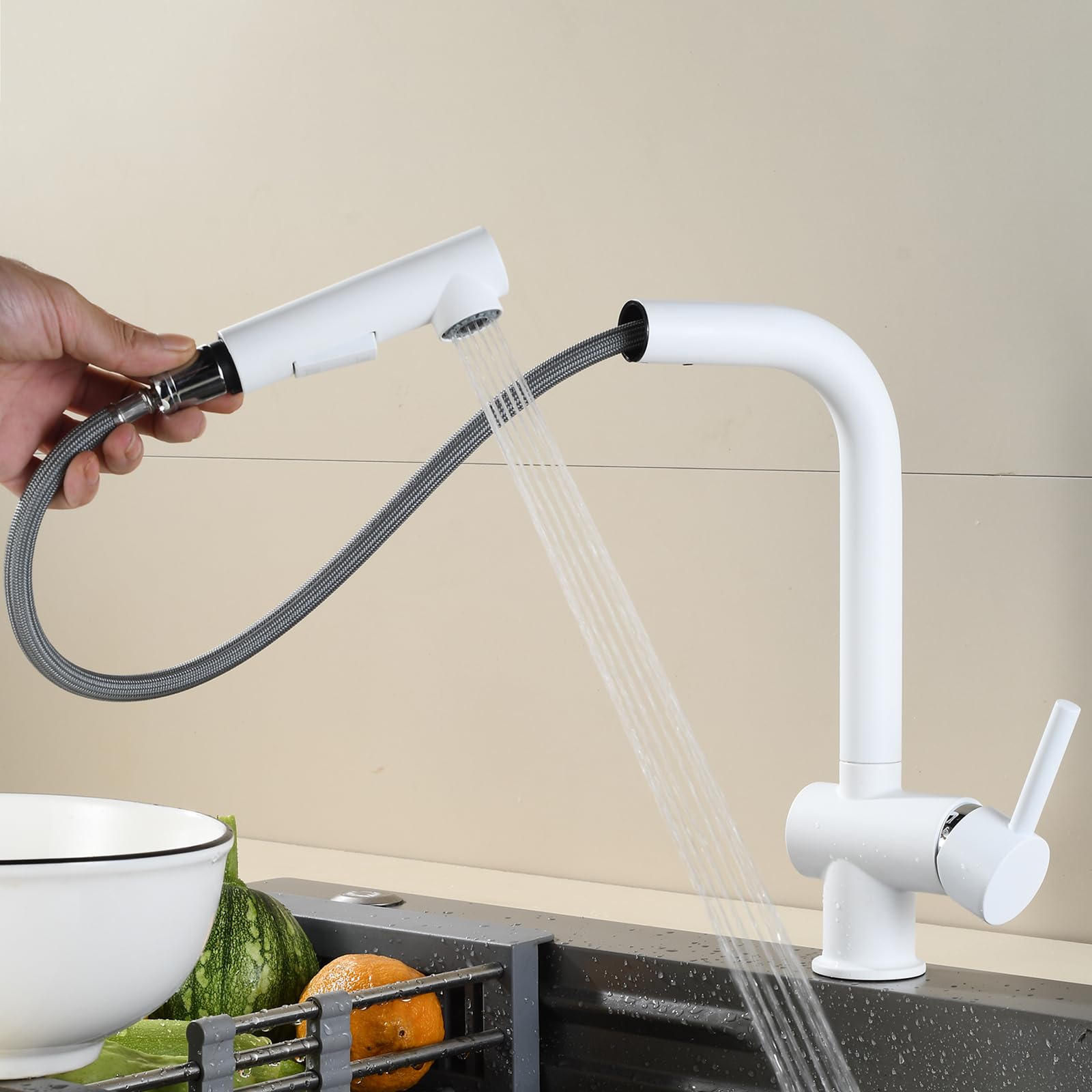 Miscelatore Cucina Estraibile Rubinetto Cucina con Doccetta Girevole a 360° Maniglia Singola Acqua Fredda e Calda 2 Modalità Rubinetto Lavello Cucina Estraibile-Bianco