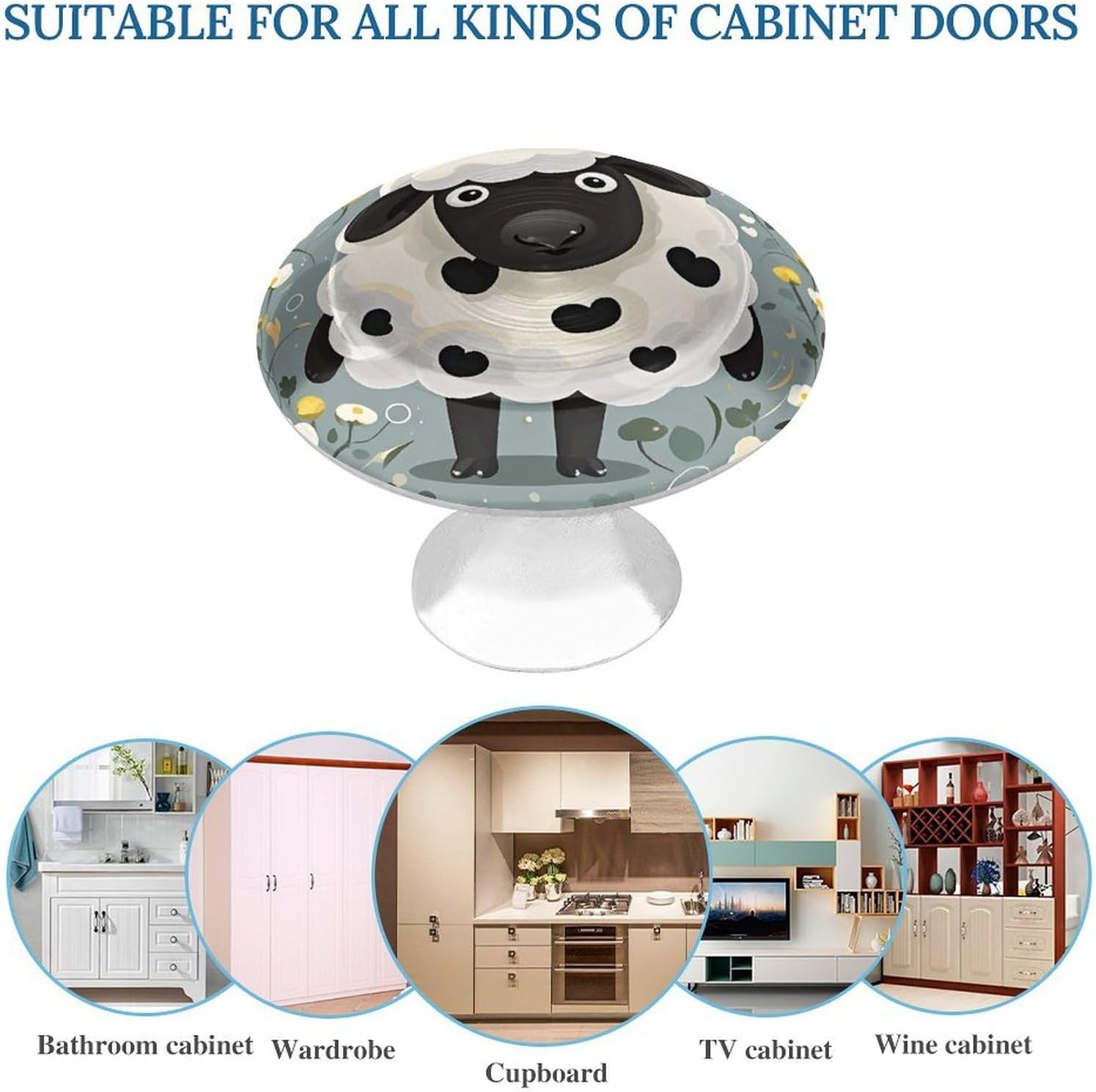 Cartoon Black White Sheep Metal Drawer Handle Drawer Accessory Made of Stainless Steel Two Assembly Screws Suitable for Kitchen Bedroom and Bathroom Cabinets