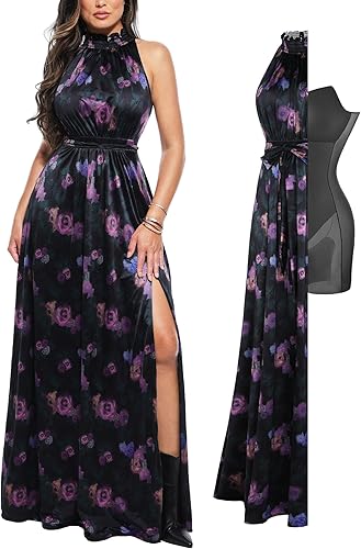 Popilush Wedding Guest Dress Formal Dresses for Women Shapewear Bodycon Fall Long Halter Cocktail Maxi Dress