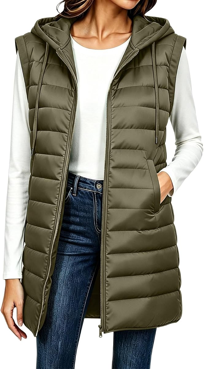 Women Long Puffer Vest Sleeveless Hood Pocket Winter Outerwear