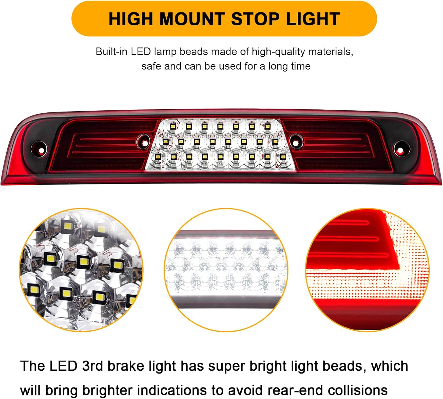 LED 3rd Third Brake Lights Replacement for Ram 1500 2019 2020 2021 2022 2023 2024, Rear Center High Mount Stop Cargo Lamp with Sealing Gasket, Ventilation Holes, Replace OE 68298380