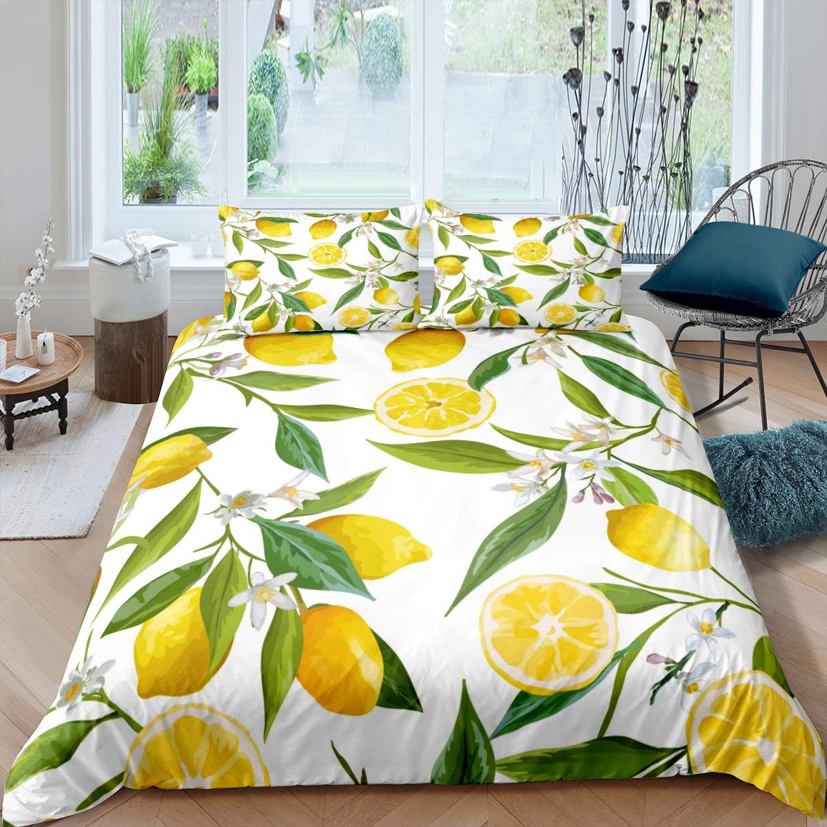 Dekbedset met citroenprint, beddengoedset met tropische fruitprint voor kinderen, jongens, meisjes, dekbedovertrekset, dekbedovertrek met natuurlijk thema, decoratieve slaapkamercollectie, 3-delig
