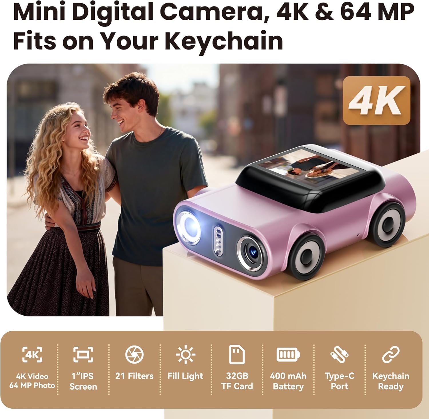 Mini Keychain Digital Camera:4K Digital Car Shape Tiny Camera with 32GB Card, 64MP Pocket Video Camera, 1" HD Display, 400mAh Battery Portable Small Cameras with Elegant Gift Box for Travel,Kids,Gifts