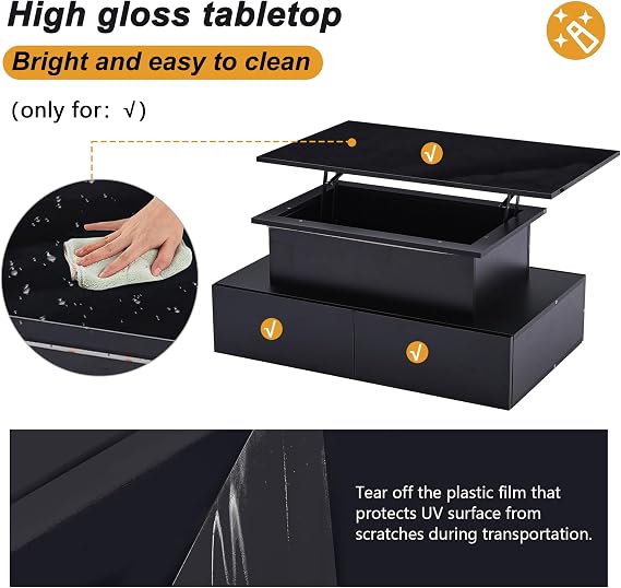 LED Lift Top Coffee Table with Storage Drawers and Hidden Compartment,Smart Bluetooth APP RGB Light Control,Glossy Surface with Hydraulic Lift Stand,Sliding Rails,Multifunctional Tabletop (Black)