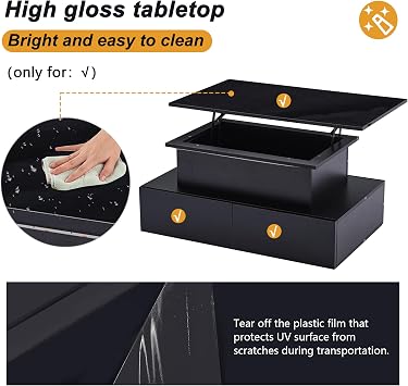 LED Lift Top Coffee Table with Storage Drawers and Hidden Compartment,Smart Bluetooth APP RGB Light Control,Glossy Surface with Hydraulic Lift Stand,Sliding Rails,Multifunctional Tabletop (Black)